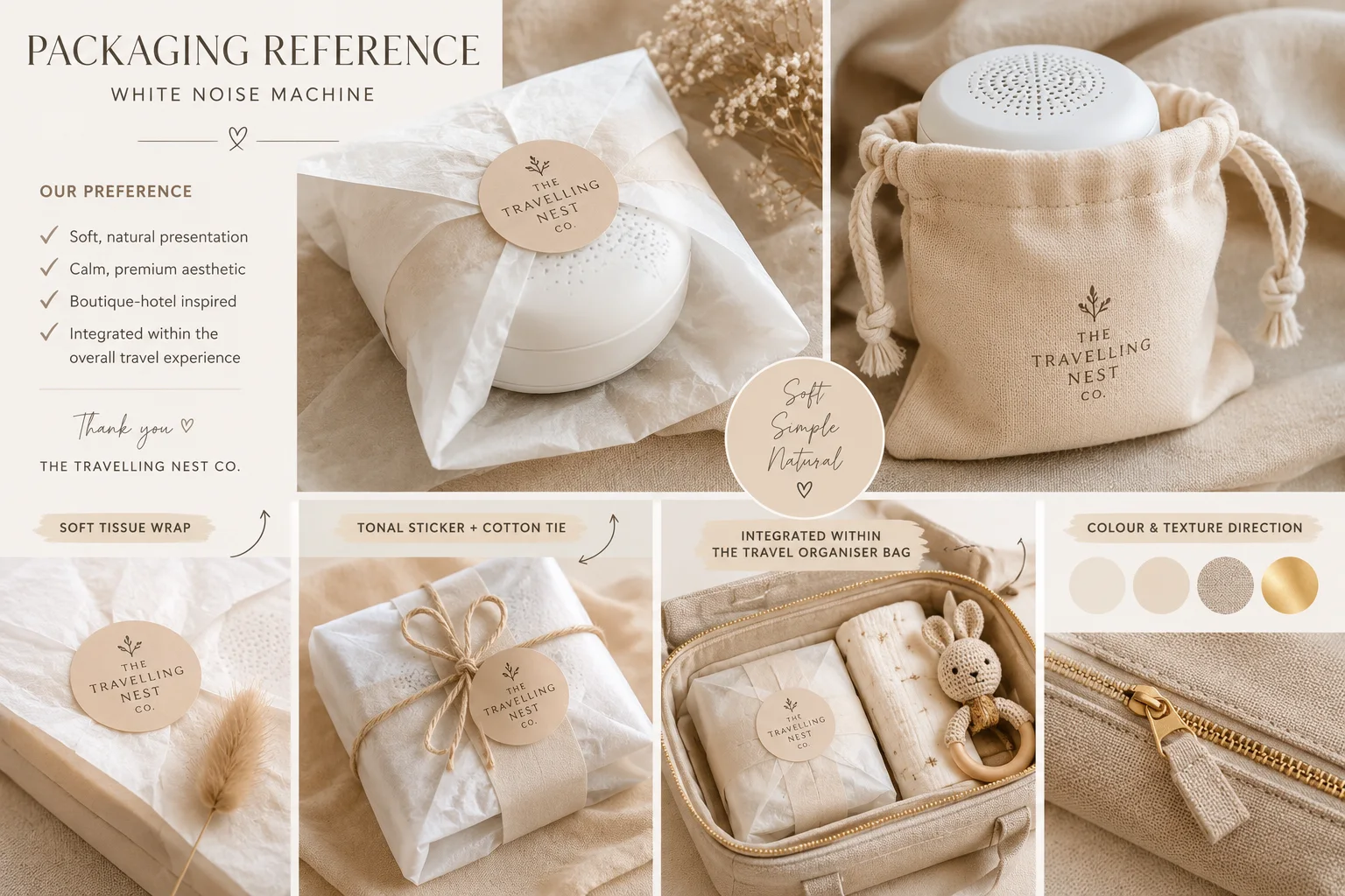Flatlay of luxury baby travel kits with pouches, muslins, skincare, nappies, wipes, and care essentials