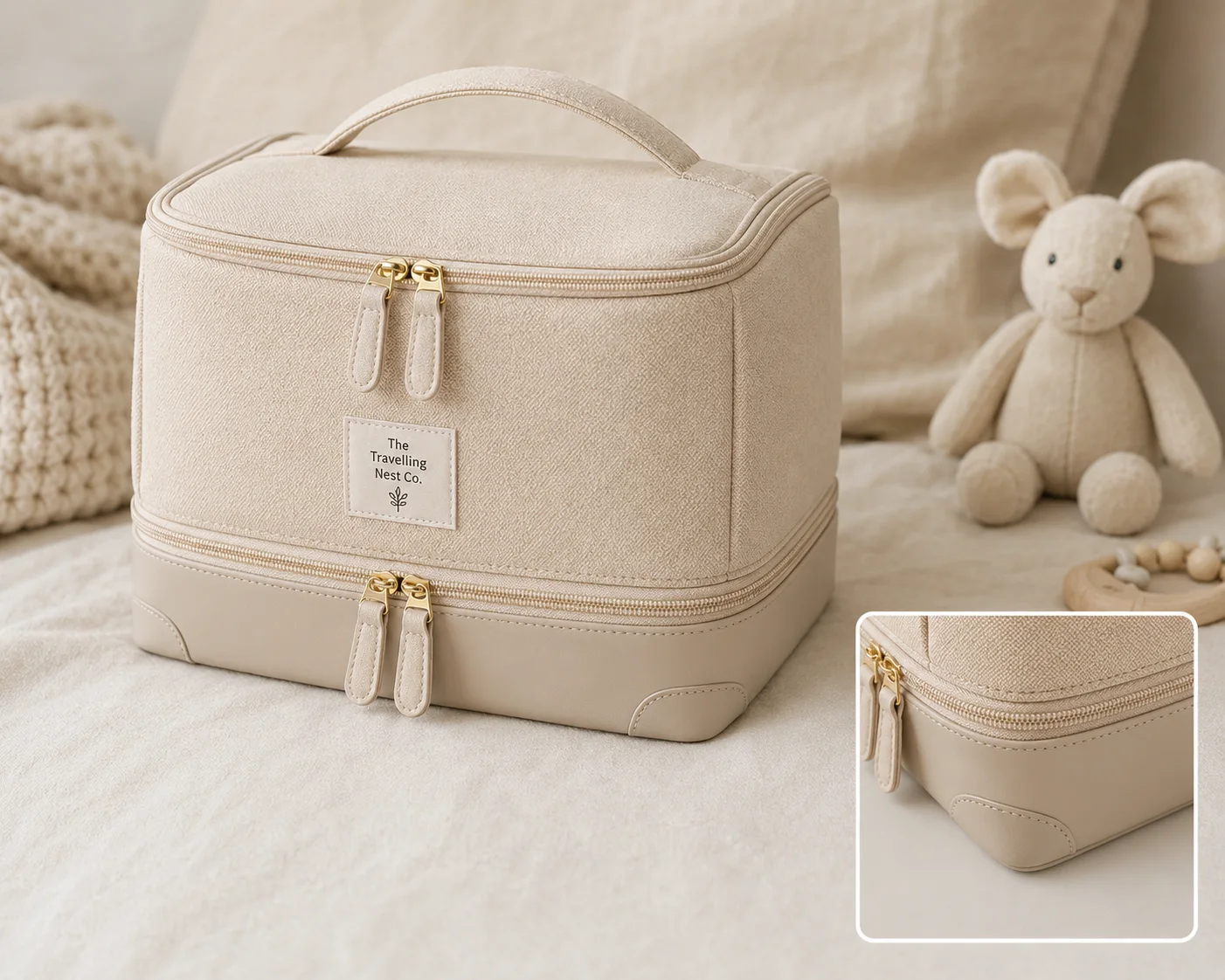 Baby travel kit placed on a hotel room console beside a bed
